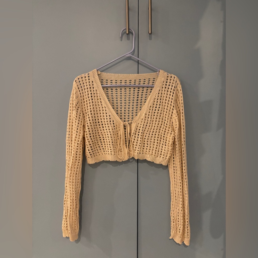 Tan Cropped Crochet Cardigan Size M